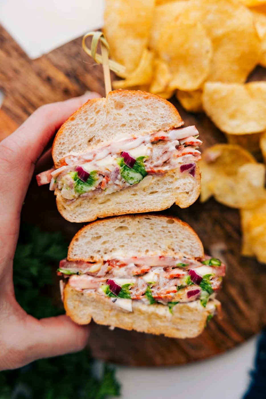Chopped Italian sandwich with cold cuts, provolone, crisp veggies, and dressing.