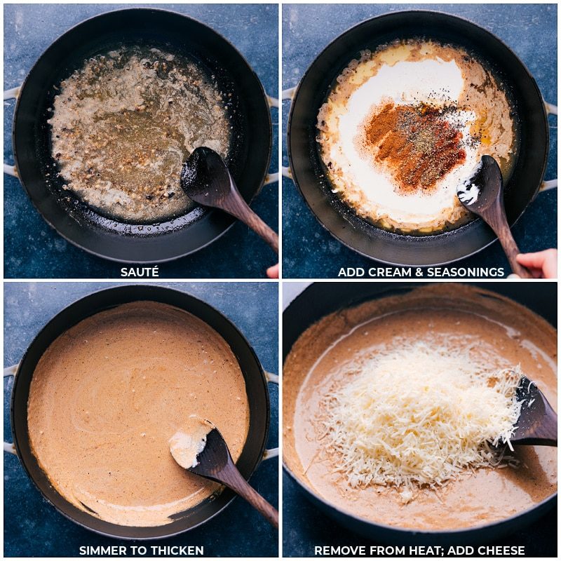 Process shots of Sausage Alfredo Pasta-- images of the cream sauce being made
