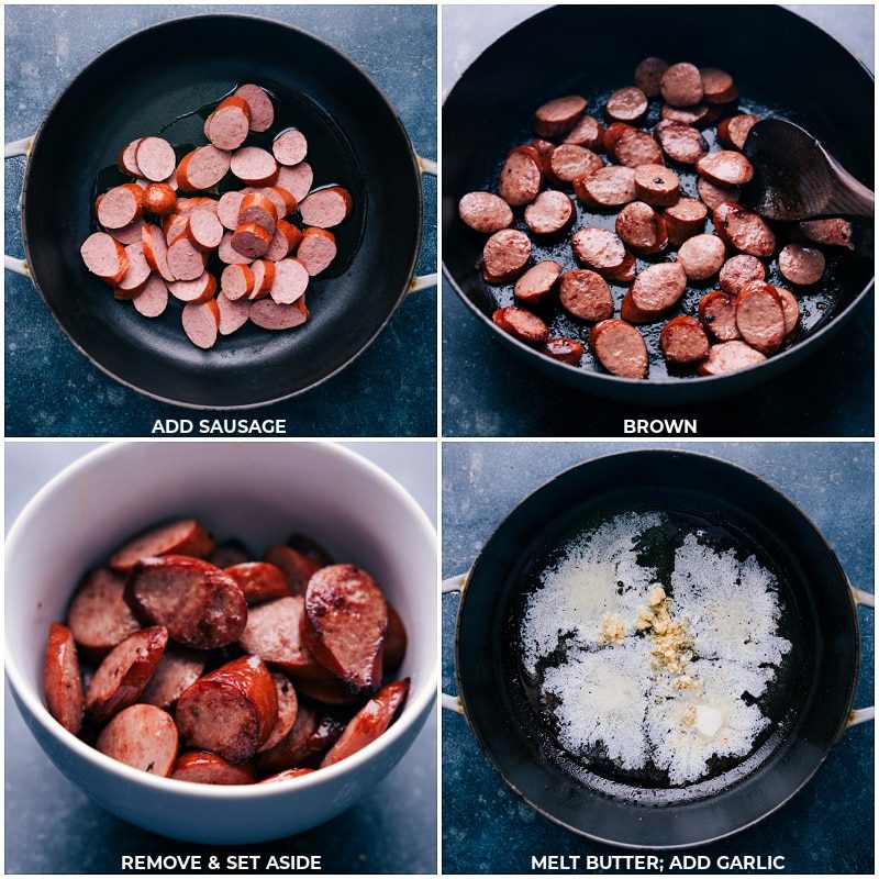 Process shoots--images of the sausage being cooked and browned and then being keep nearby and the butter and garlic being added to the pot