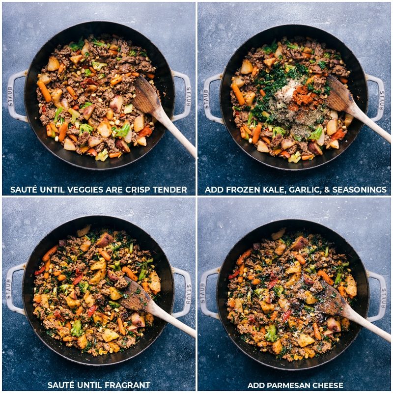 Process shots of sausage and veggie skillet: sauté the veggies; add kale, garlic and seasonings; continue cooking; mix in Parmesan at the end.