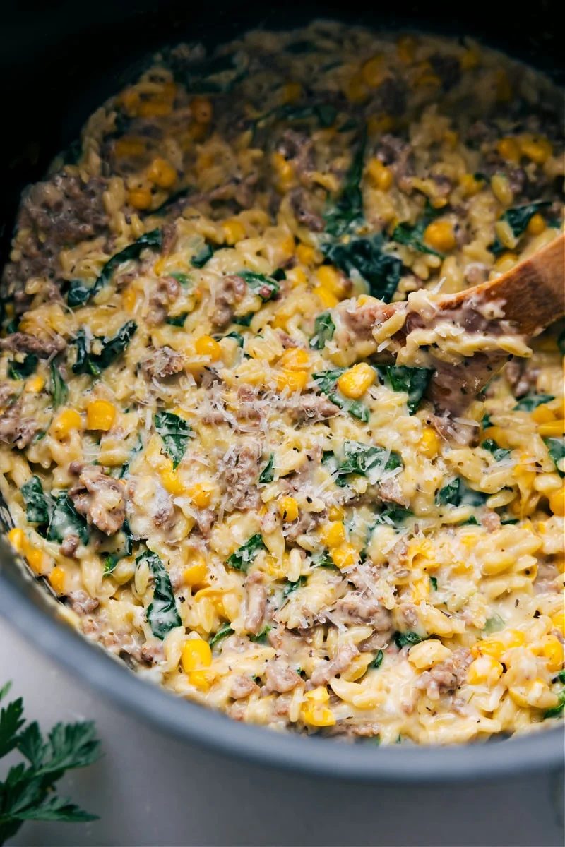 Sausage, Corn, & Spinach Orzo (ONE POT!) for the Table