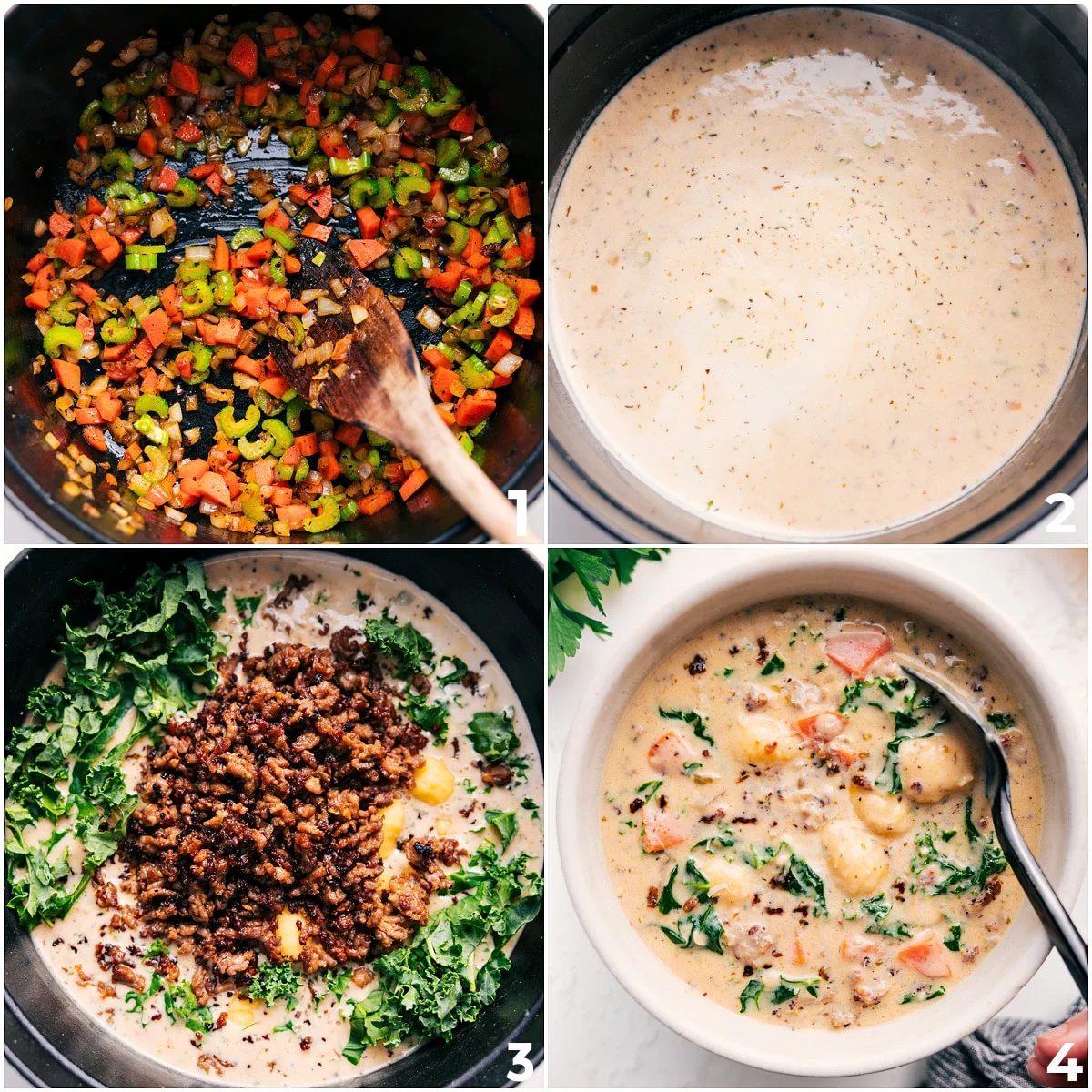 Veggies sautéing, creamy base simmering, then sausage and kale stirred in for sausage gnocchi soup.