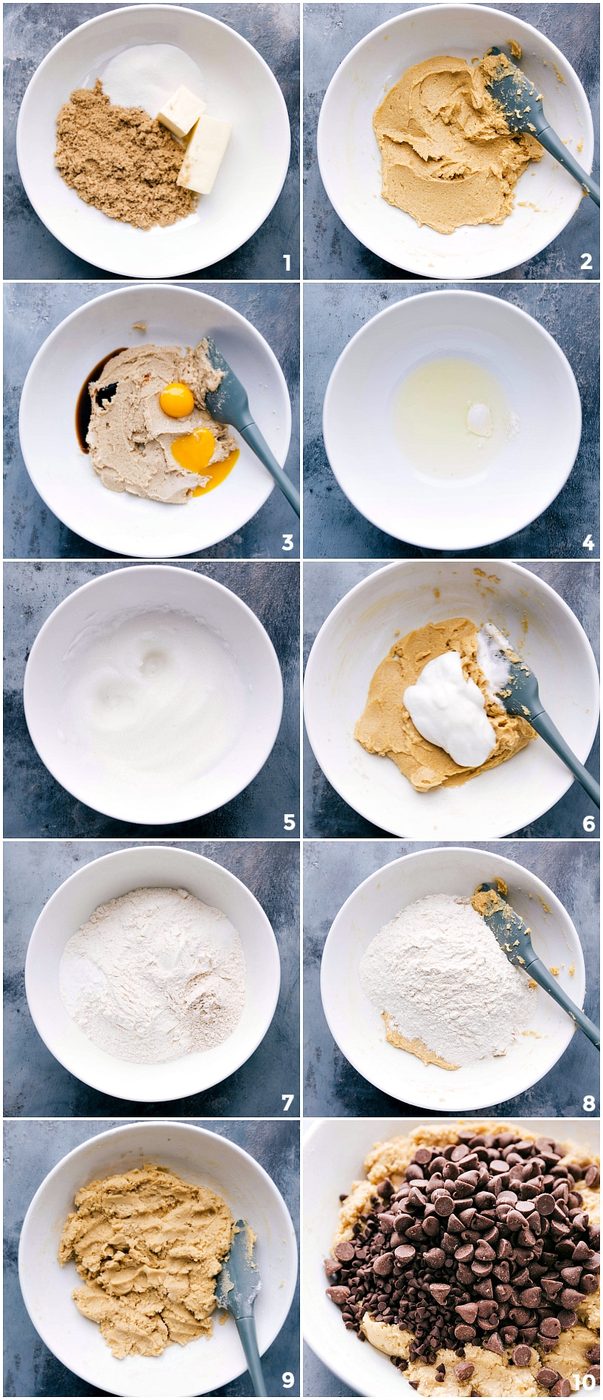 Process shots: combining sugar and wet ingredients; mixing well; combining dry ingredients; adding dry ingredients to the wet; mixing; adding two types of chocolate chips.