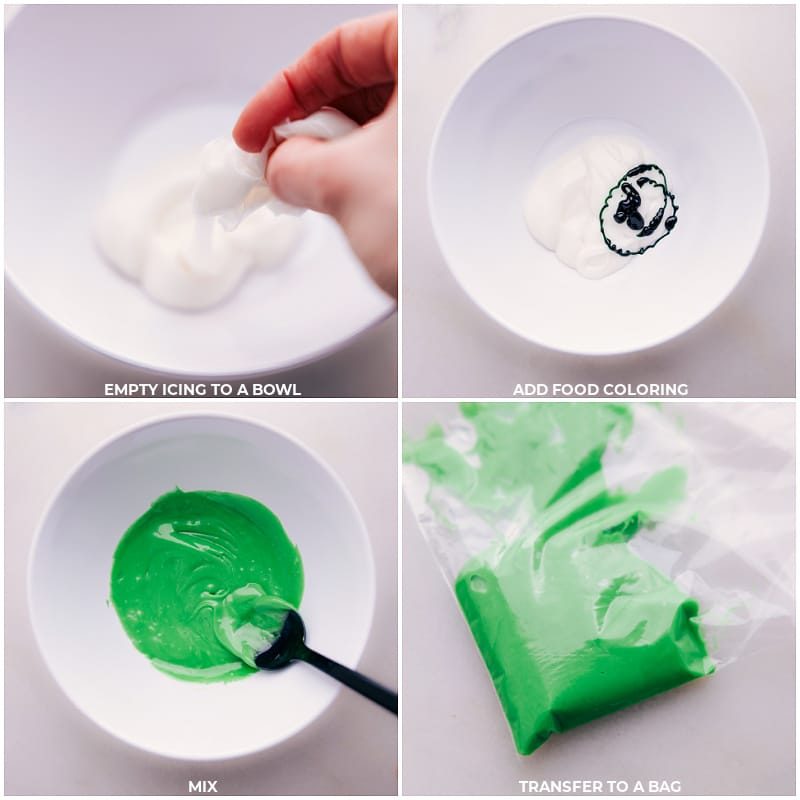 Process shots: empty the icing into a bowl and add food coloring; mix; move to a plastic bag.