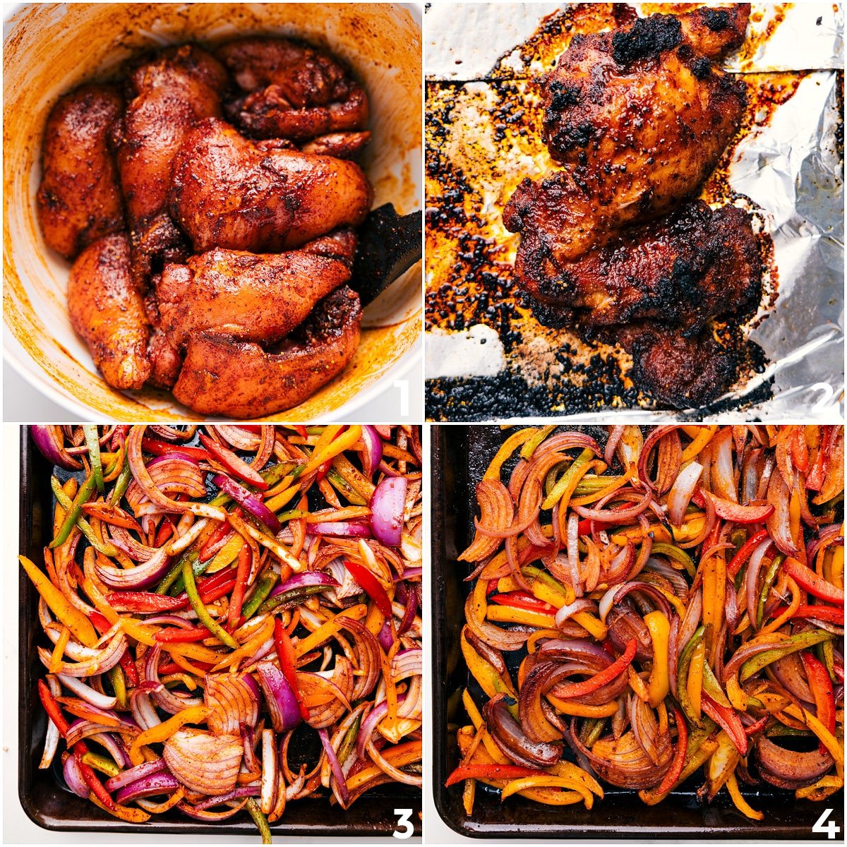 The chicken coated in seasoning and cooked to perfection, then the veggies and onions roasted on the pan.