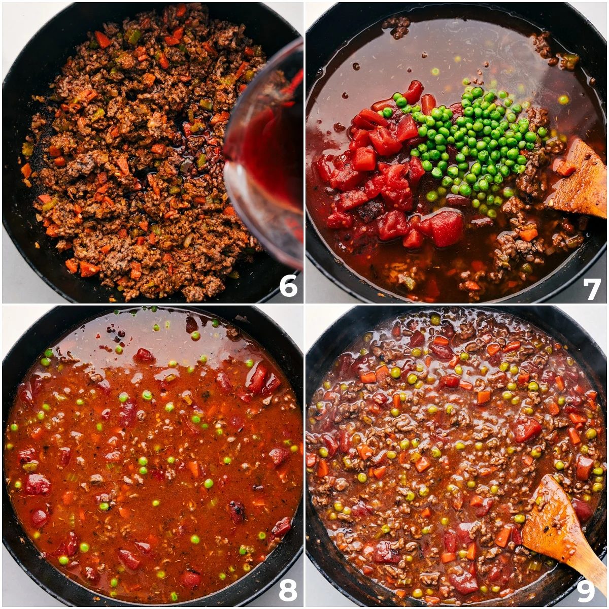 Grape juice, broth, and tomatoes and peas added to the mix to all simmer together.