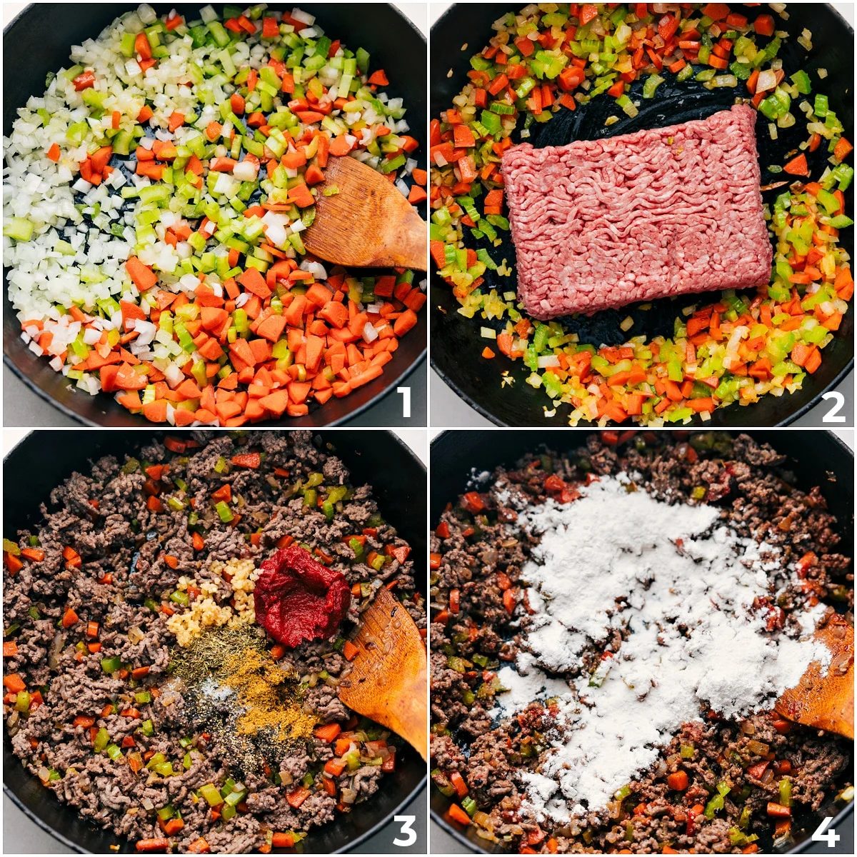 Veggies being sautéed, then ground beef browned with garlic, seasonings, tomato paste, and flour for ground beef shepherd’s pie filling.