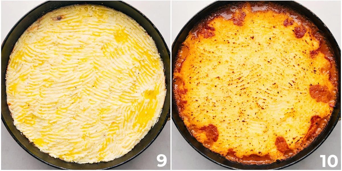 The mashed potatoes spread on top of the Ground Beef Shepherd's Pie and it all being baked.