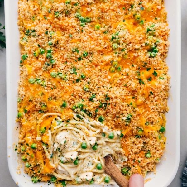 satisfying casserole of chicken tetrazzini with a crispy, flavorful top ready to be enjoyed.