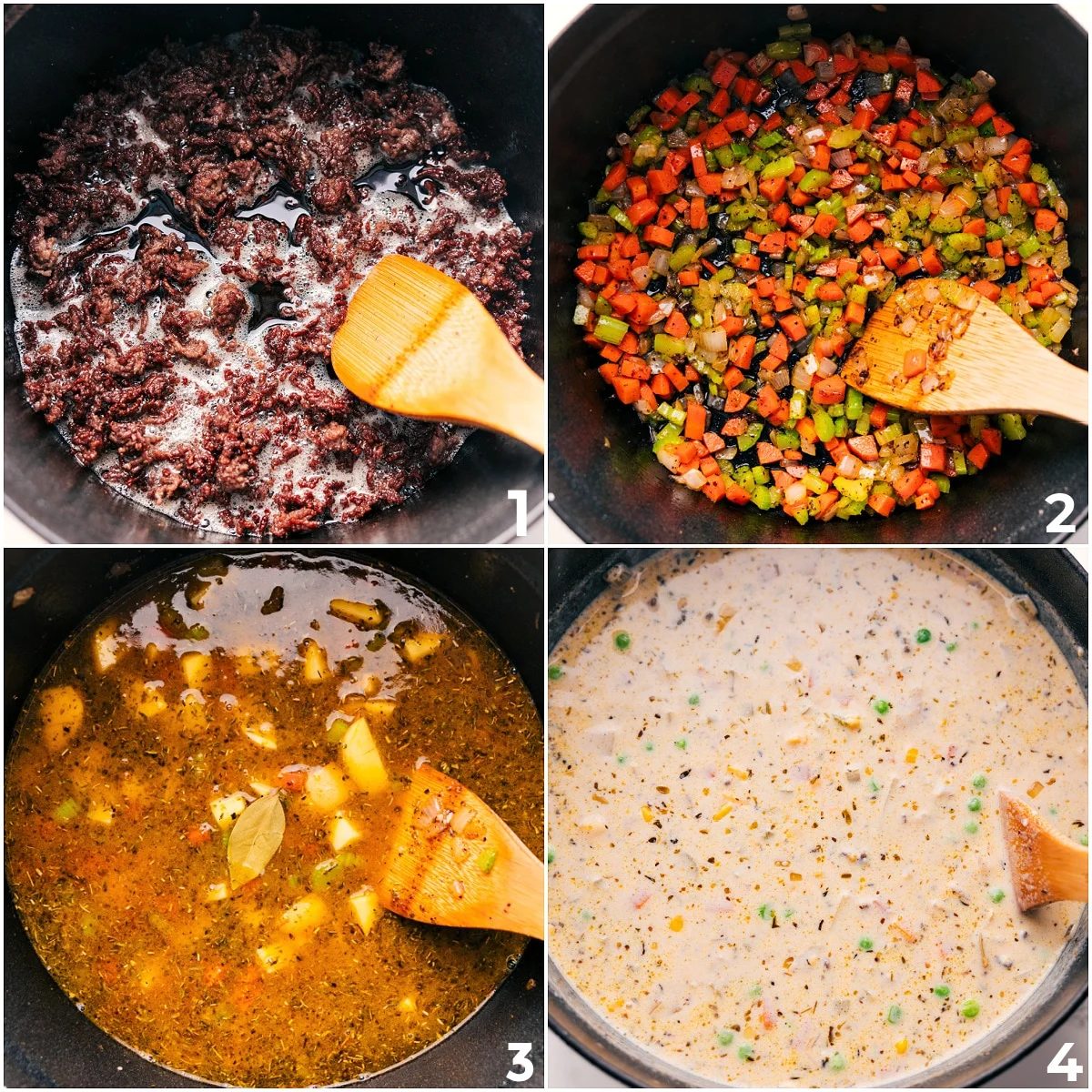 Ground beef being browned, followed by vegetables sautéing in the pot, then broth and seasonings added in and simmered together with cream before mixing everything and adding the beef back for Shepherd’s Pie Soup.