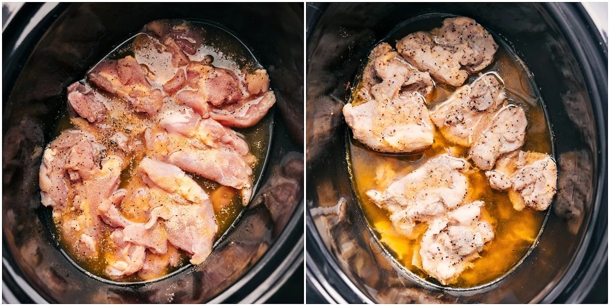 The chicken, seasonings, and broth added to a slow cooker to cook the chicken for these shredded chicken recipes.