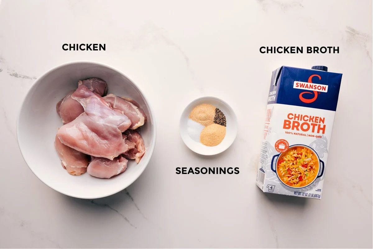 Ingredients in this recipe prepped out for straightforward assembly including the chicken, seasonings, and chicken broth.