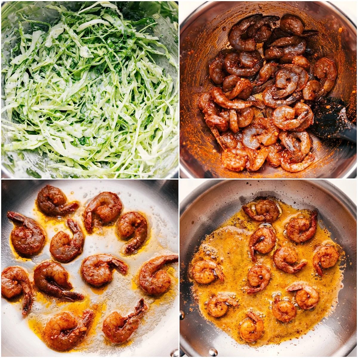 Cabbage slaw tossed in cilantro lime sauce while shrimp is seasoned and cooked in a pan.