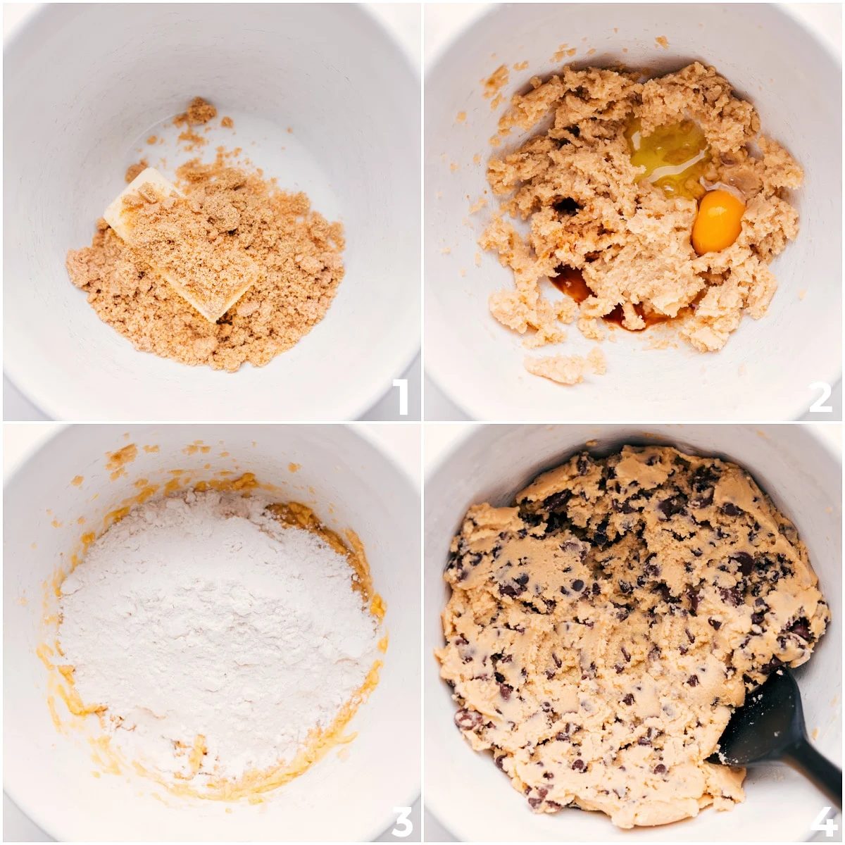 The dough for this pizookie recipe being mixed together in one large bowl.