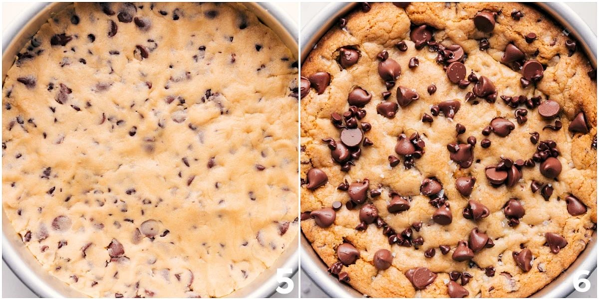 The dough pressed into the pan and then it baked to perfection with extra chocolate chips on top.