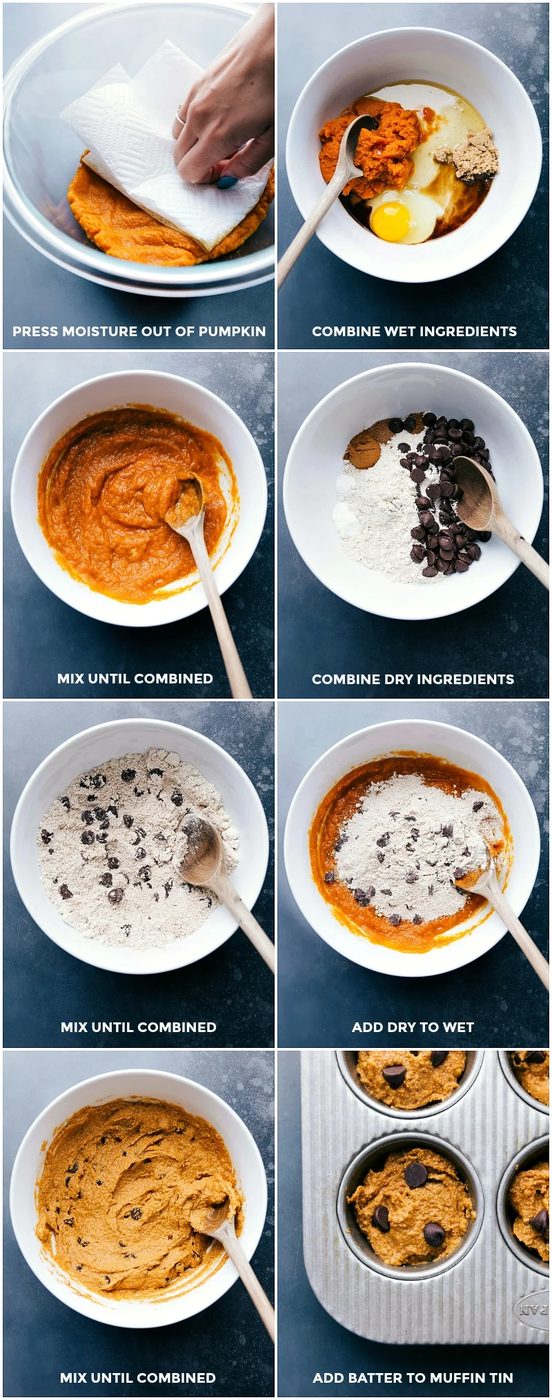 Combining wet and dry ingredients for the healthy pumpkin muffin recipe, then filling a prepared muffin tin.