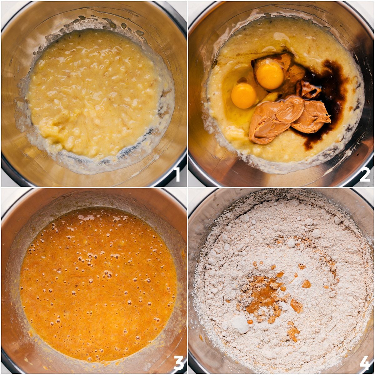 The wet and dry ingredients being mixed together in one bowl to make the batter for these Peanut Butter Banana Muffins.