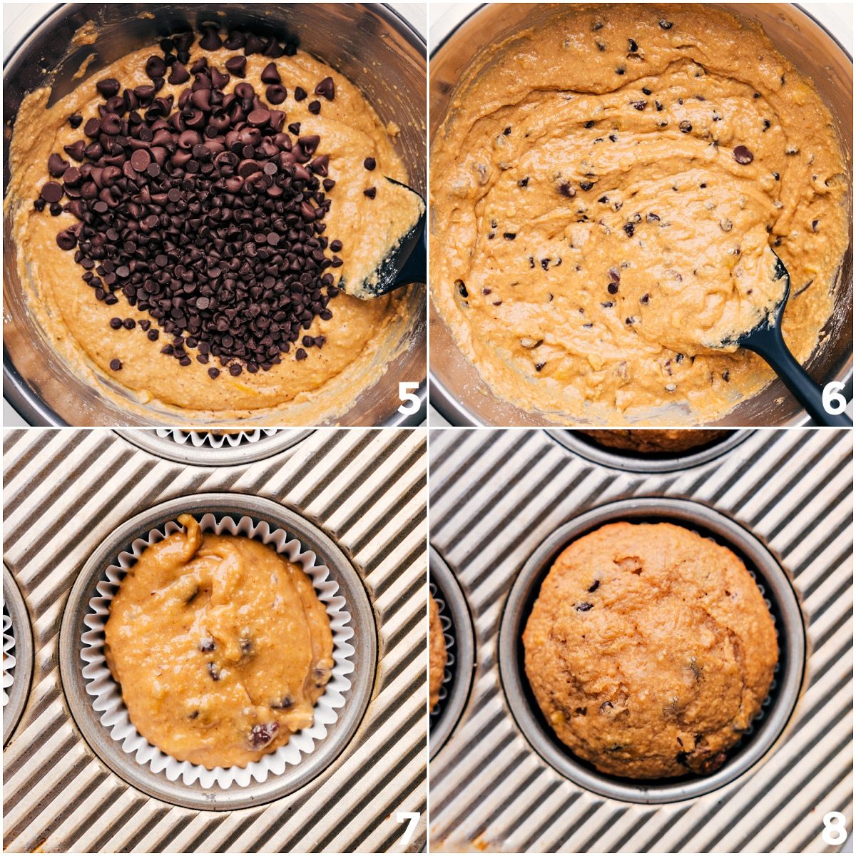 Chocolate chips being folded into the batter before it is scooped into muffin tins and baked into Peanut Butter Banana Muffins.