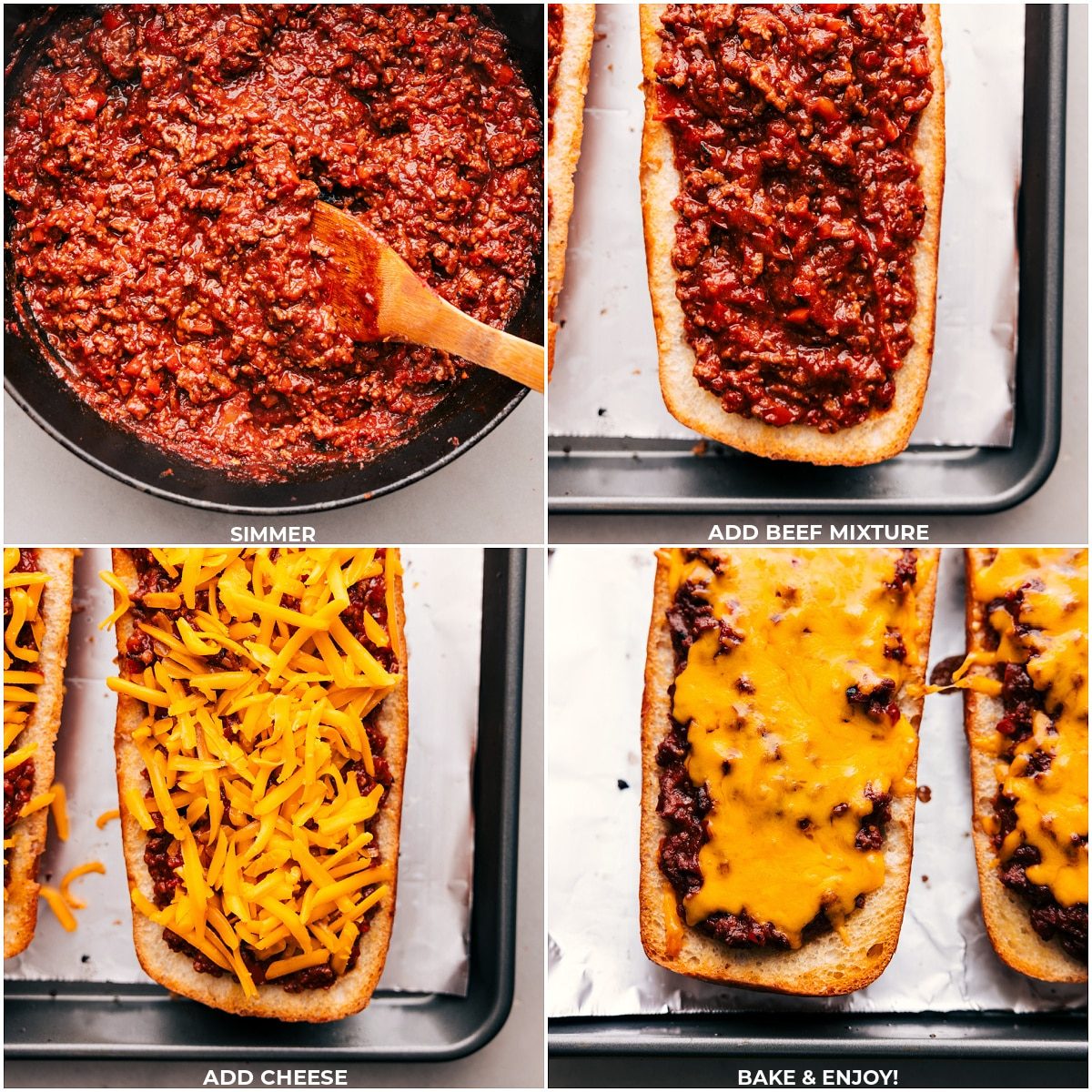 The meat mixture simmering then being added to the French bread, cheese being added on top, and the Sloppy Joe Pizzas being baked.