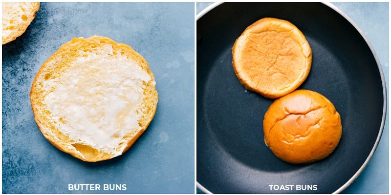 Image of the buns being buttered and toasted for slow cooker Sloppy Joes