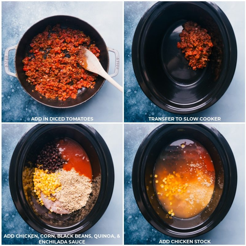 Process shots of Healthy Chicken Tortilla Soup-- images of the diced tomatoes being cooked and added to the slow cooker and all the other ingredients being poured into the slow cooker