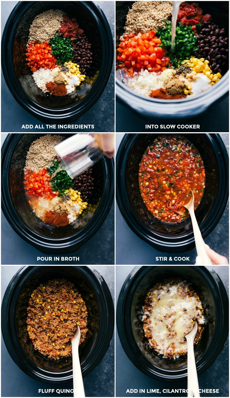 Ingredients being added to slow cooker and cooked, fresh lime, cilantro, and cheese added on top.