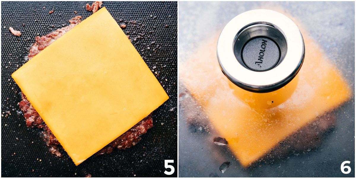 The cheese being placed on the smashburger recipe and the cheese melting onto it.