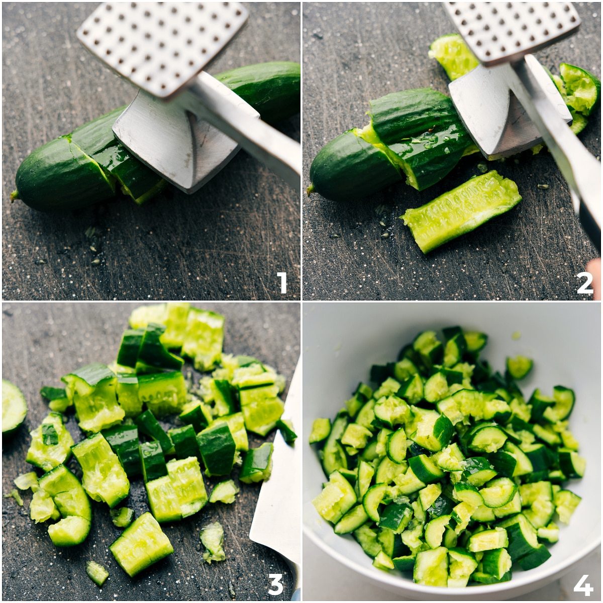 Smashing the cucumbers and then chopping them and adding it to a bowl for this smashed cucumber salad.