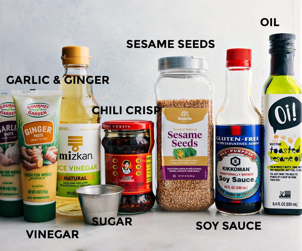 All the ingredients in the dressing for this recipe prepped out for straightforward assembly.
