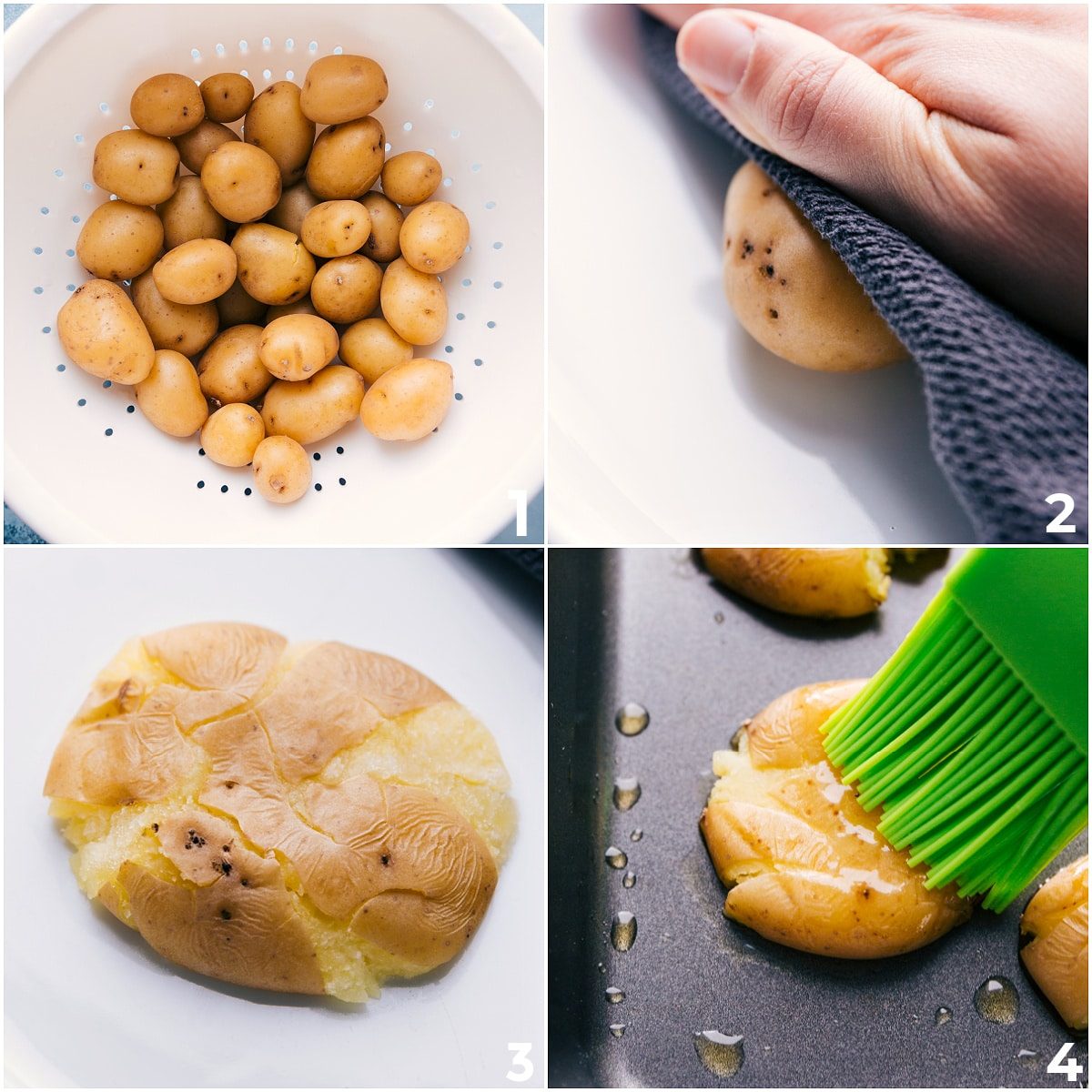 Potatoes washed, boiled, smashed, and oiled for this smashed potatoes recipe.