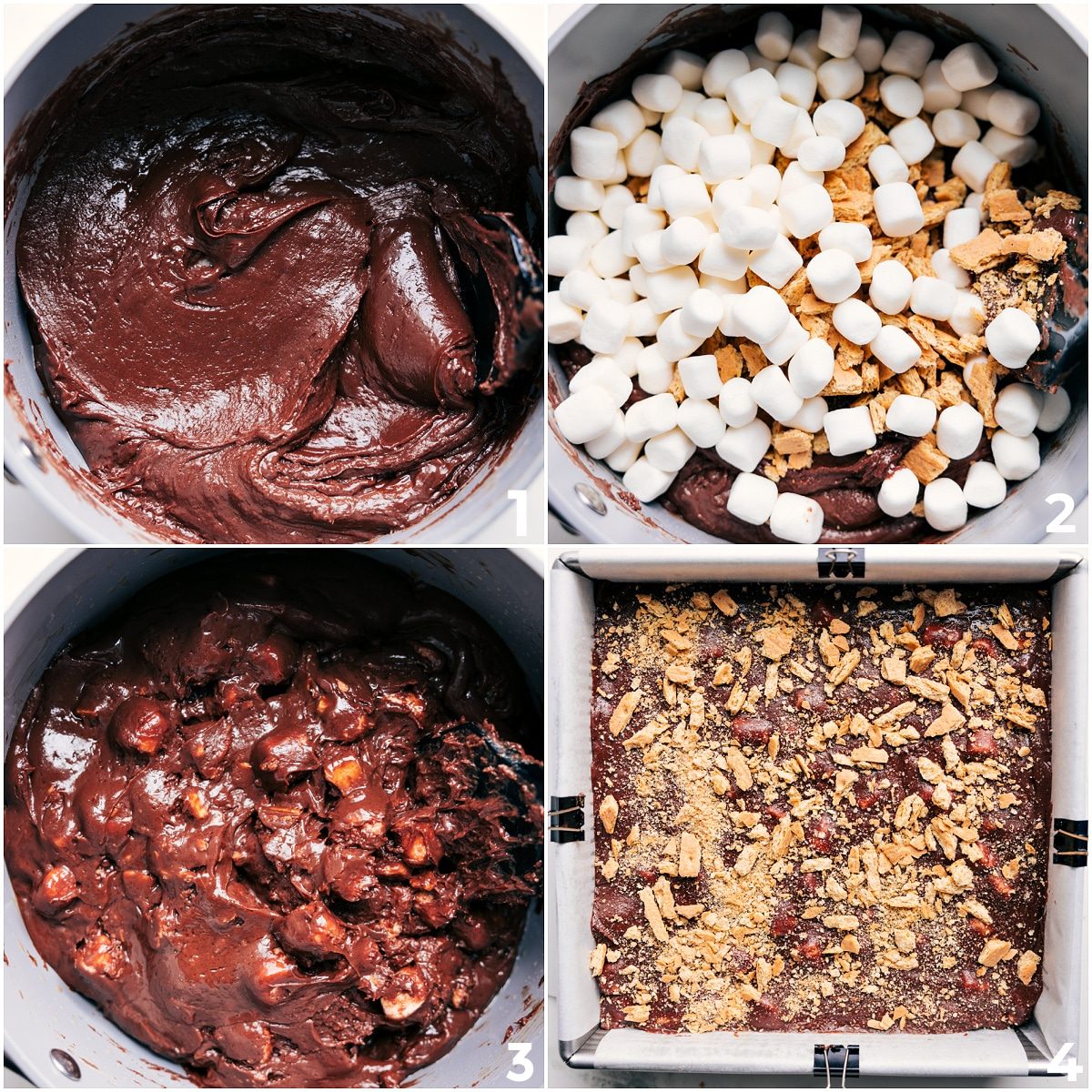 S’mores fudge mixture of melted chocolate and condensed milk with marshmallows and graham crackers poured into a pan and topped with more graham crackers.