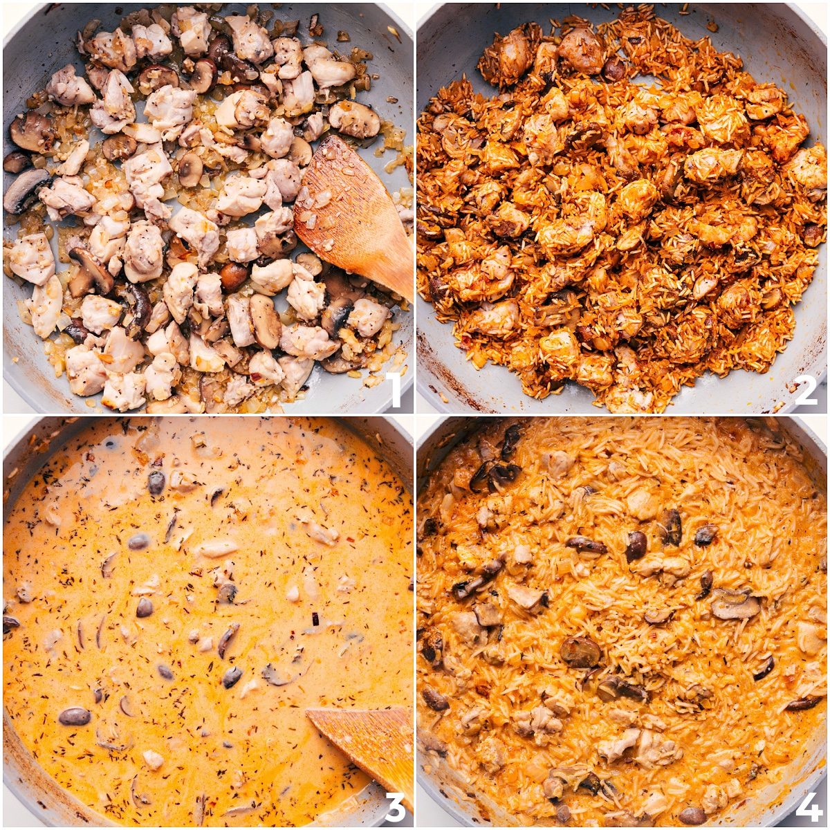 Chicken cooking with onions and mushrooms in a skillet, with rice and broth added for Smothered Chicken and Rice.