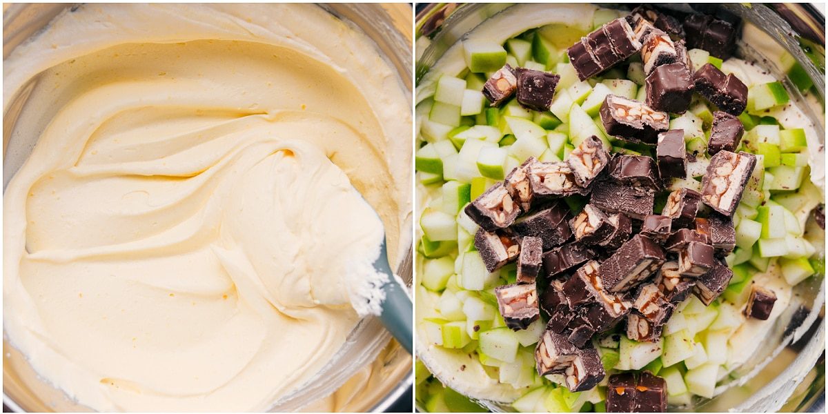 Jello cream layer being whipped together in a bowl before adding remaining ingredients