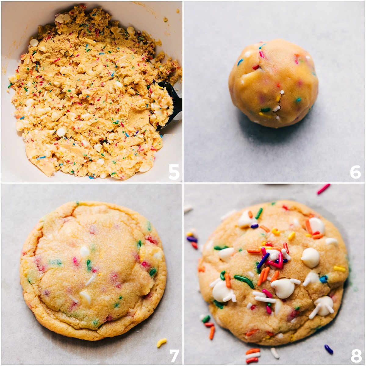 The dough is rolled out and baked to perfection, with sprinkles and chocolate chips pressed into the top.