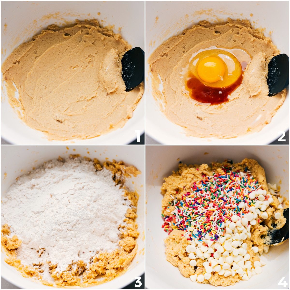 The dough is mixed by combining the wet and dry ingredients, then adding in the sprinkles and chocolate chips or this cake batter cookies.