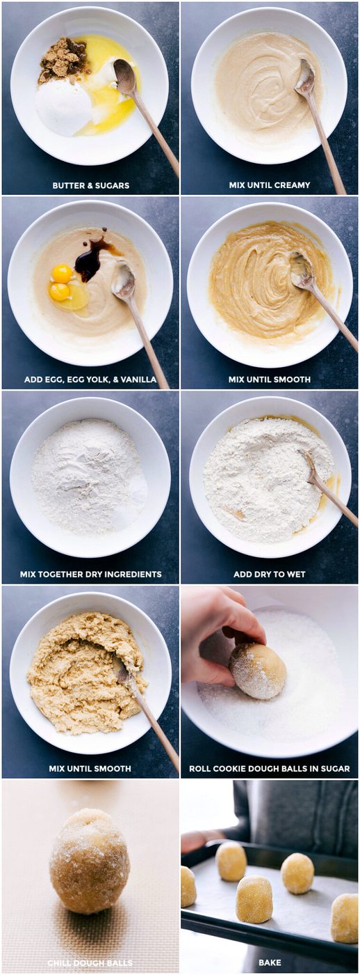 Mix butter and sugars, then add the egg, yolk, and vanilla, stirring until smooth. Mix dry ingredients, add to wet, and stir until combined. Roll dough balls in sugar, chill, and bake.