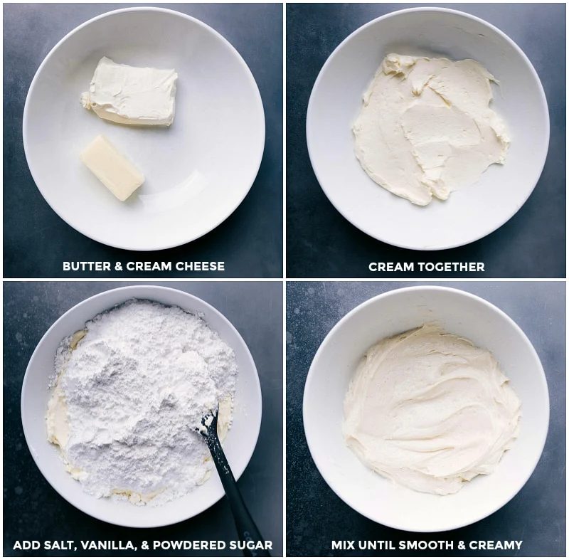 Cream butter and cream cheese, then add salt, vanilla, and powdered sugar, mixing until smooth and creamy.