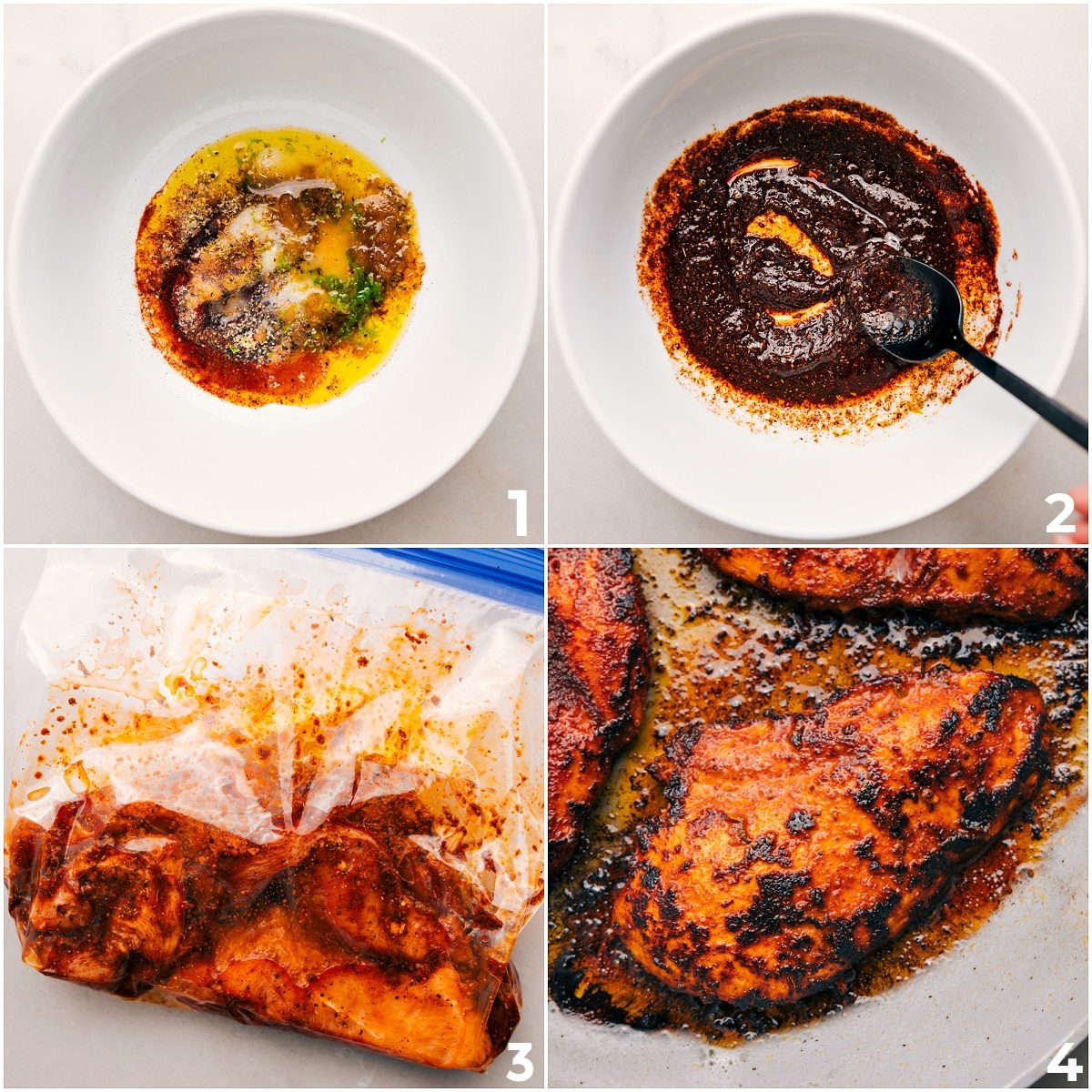 Mix the marinade, stir it into the chicken, let it marinate, then cook the Southwest chicken in a skillet until evenly done.