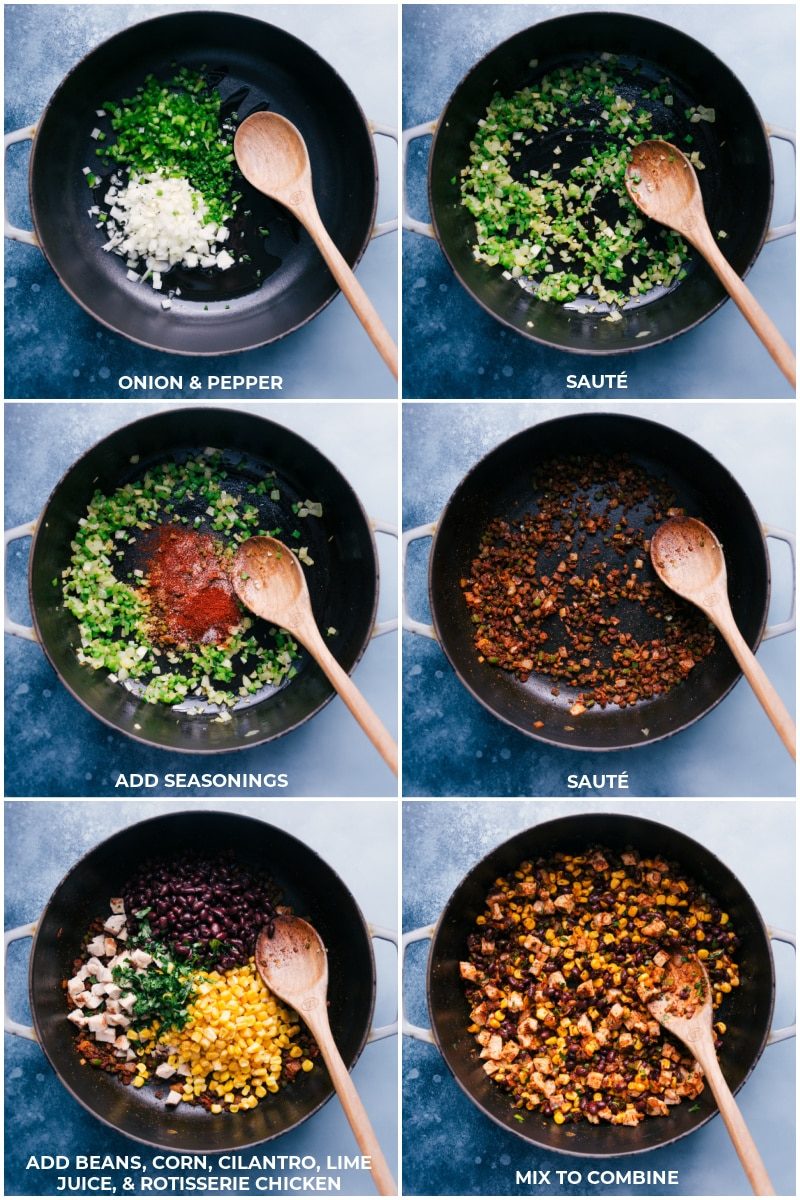 Process shots: Sauté onions and peppers; add seasonings and continue cooking; add beans, corn, cilantro, lime juice and chicken; mix well to combine.