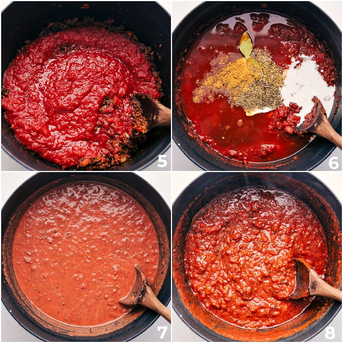 The crushed tomatoes, seasonings, and cream being added to the pot for this straightforward spaghetti bolognese.
