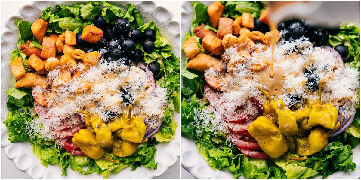 Olive Garden salad recipe being dressed in a bowl.