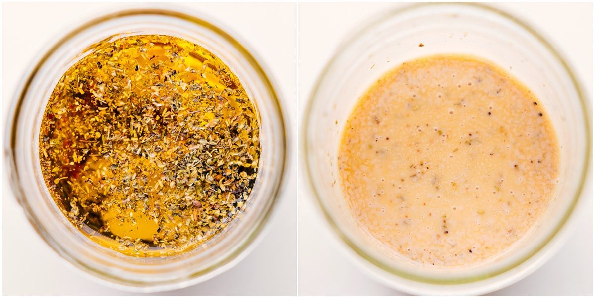 Dressing shaken together in a mason jar.