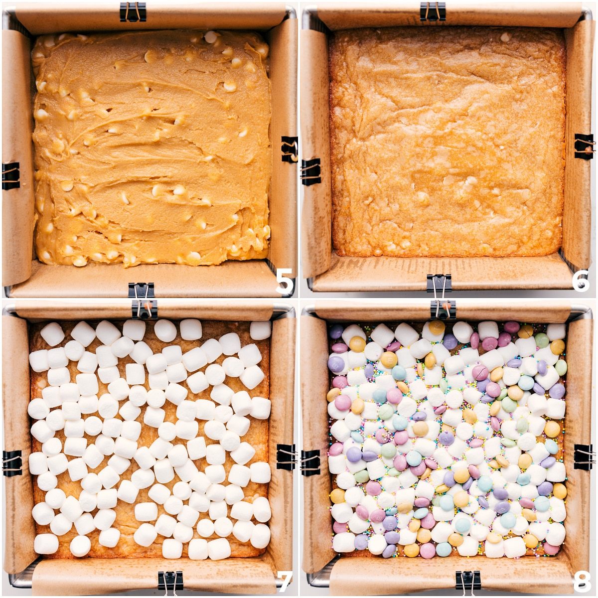 Confetti Bars dough pressed into a pan, par baked, then topped with marshmallows, M&Ms, and sprinkles for a quick final bake.