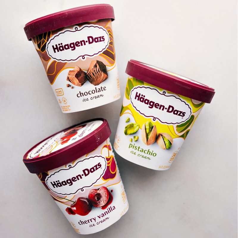 The 3 ice creams used in this recipe including the chocolate, pistachio, and cherry vanilla.