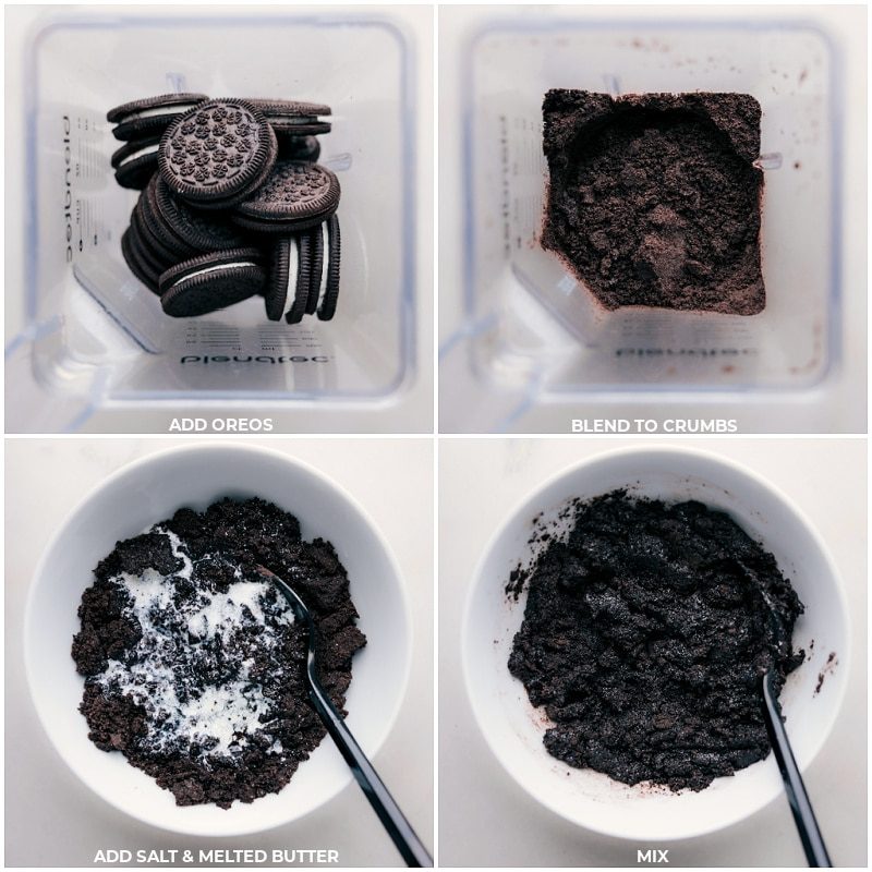 Crushed Oreos mixed with salt and butter to make the crust for this Spumoni Ice Cream Recipe.