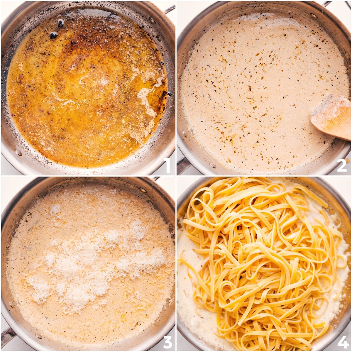 Cream sauce being whisked in a pot, then fettuccine added for this steak Alfredo recipe.