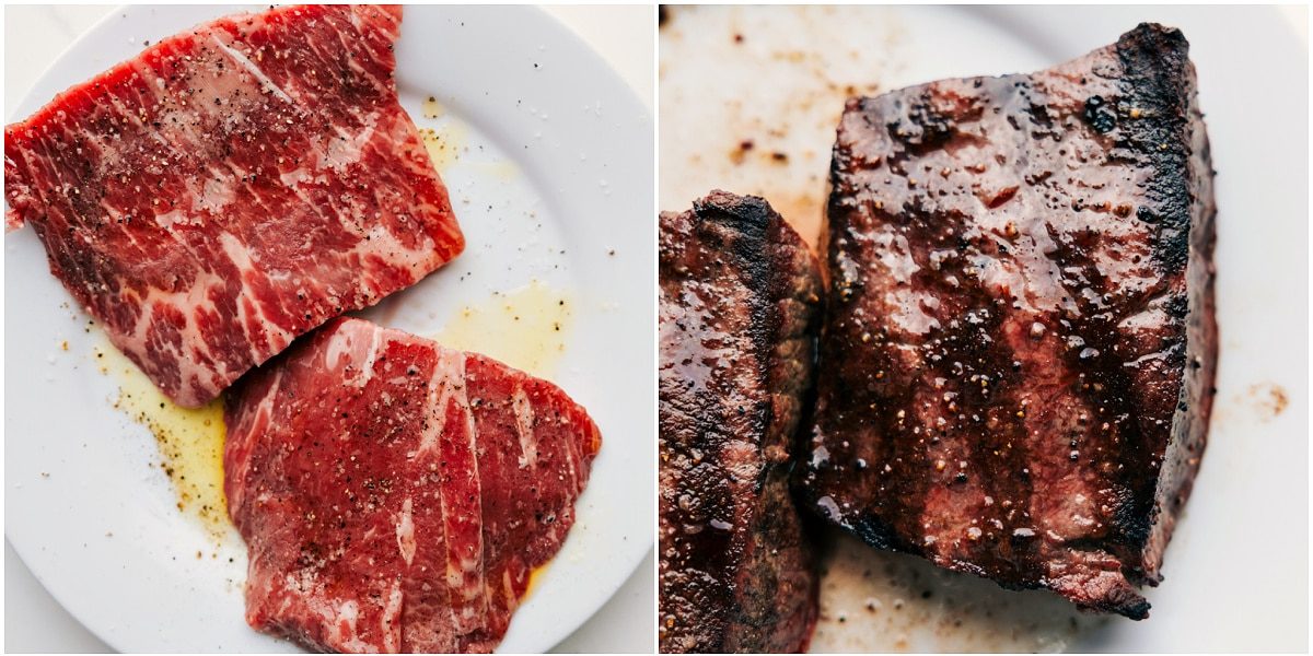 The steak being prepped and grilled to perfection.