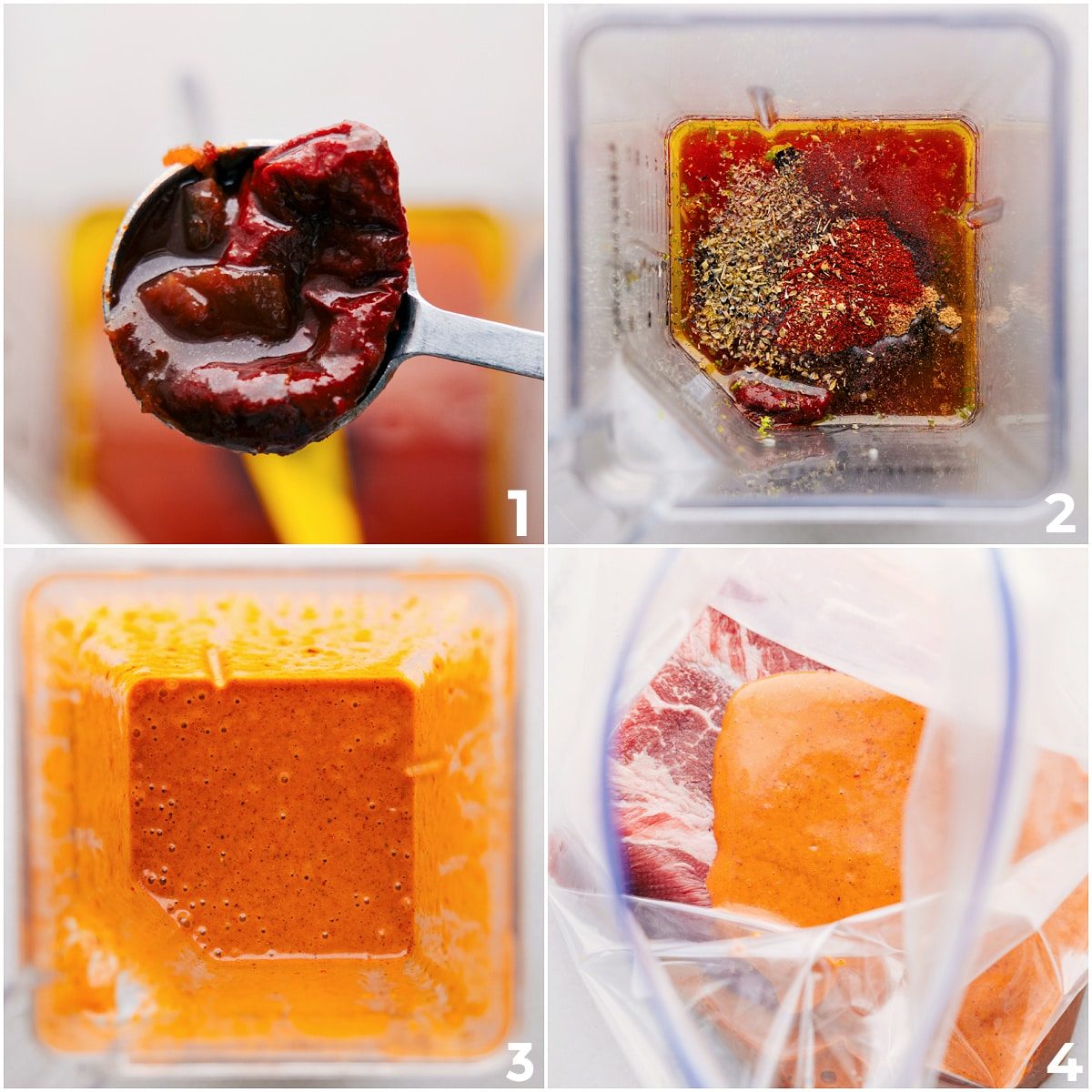 Chipotle steak recipe marinade blended in a blender then poured into a bag with steak to marinate.