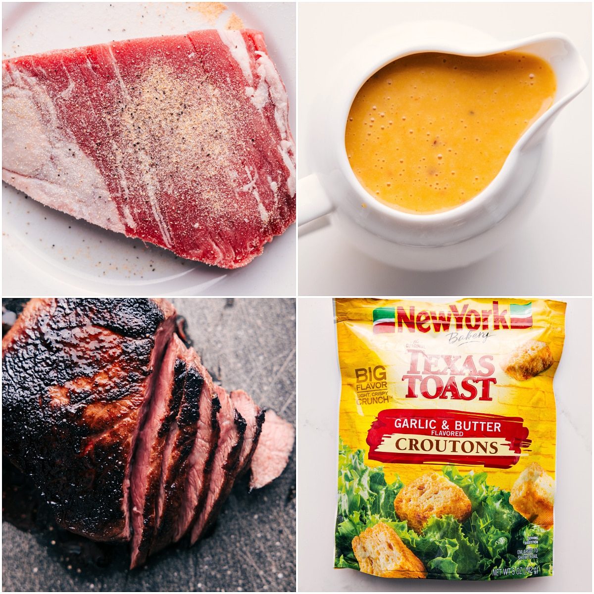 The steak being seasoned and grilled, the dressing being made, and the croutons used in this steak bowl recipe laid out.