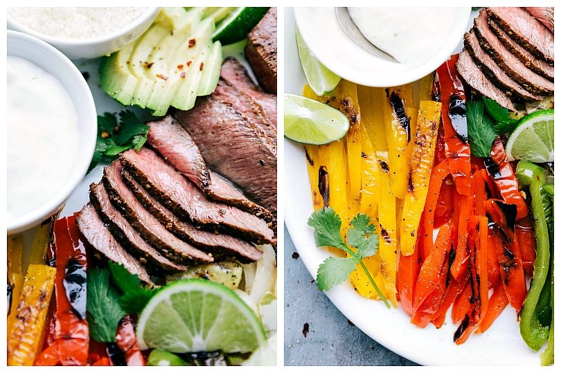 Steak fajita recipe laid out on a platter to serve up and assembly individual fajitas.